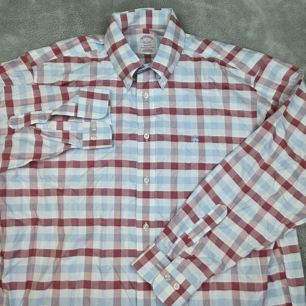 Brooks Brothers Button Down Shirt Mens L Madison Non-Iron Check Red Light Blue